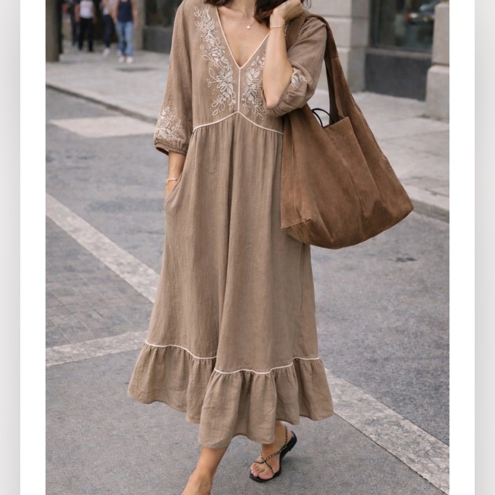 Fig & Flower S Embroidered Midi Dress Anthropology NWT Beige Boho NO POCKETS